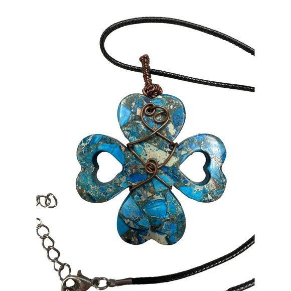 Womens Heart 4 Leaf Clover Leather Cord Necklace Blue Stone Wire Wrapped - Picture 2 of 4